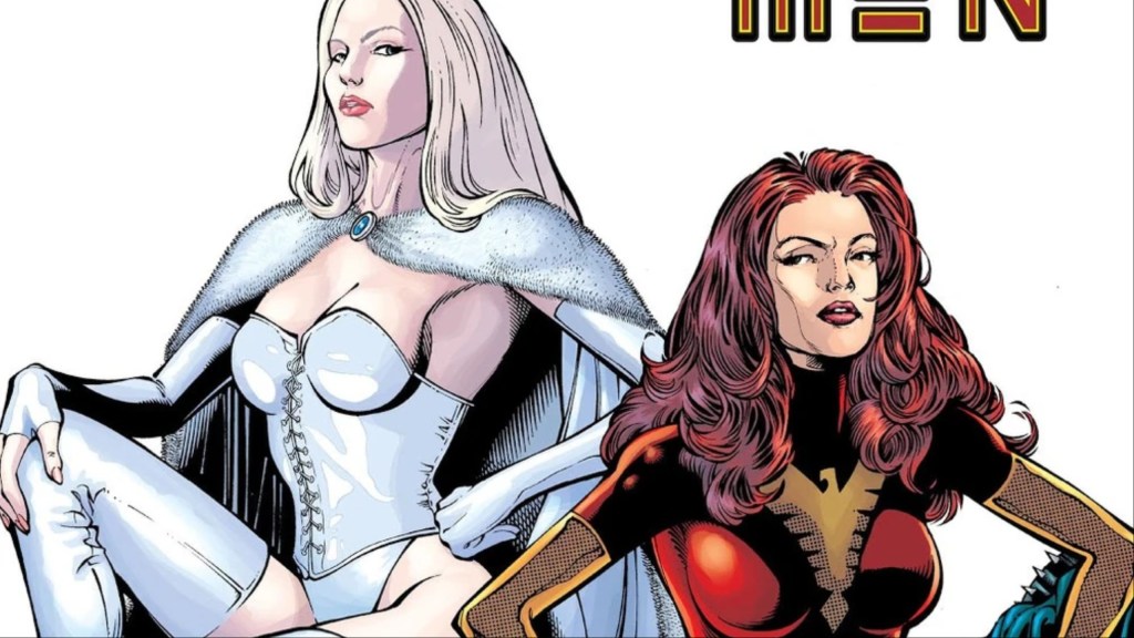 Emma Frost sitting next to Jean grey dressed as the Dark Phoenix