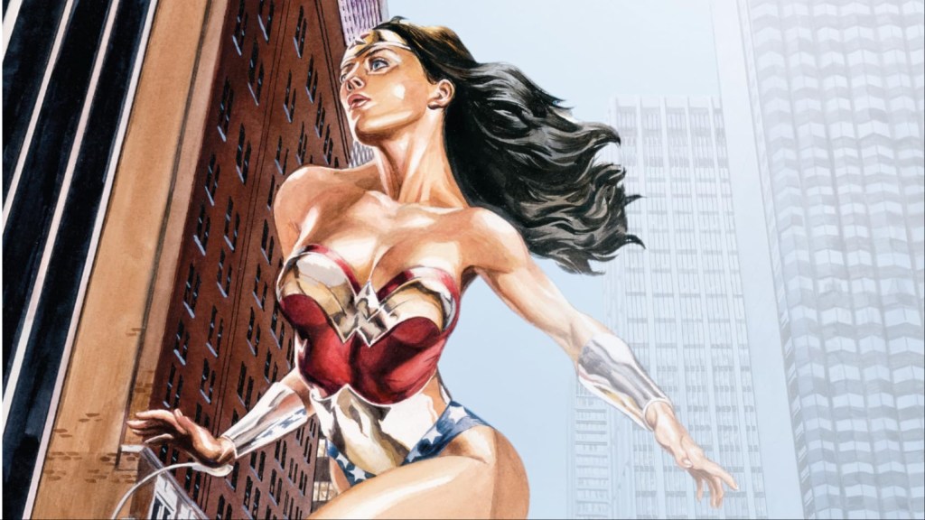 Wonder Woman flying in front of buildings