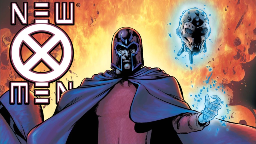 Magneto holding up Xorn's helmet with the New X-Men logo next to him