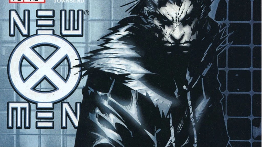 Wolverine with a stank look on his face and the New X-Men logo