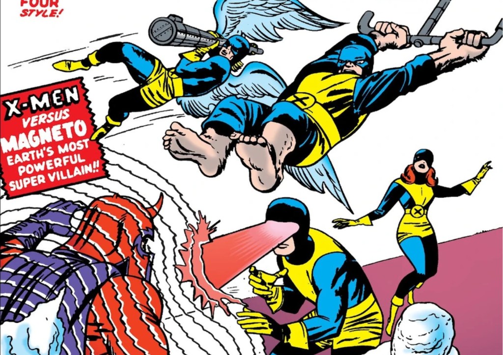 Angel, Beast, Jean Grey, Cyclops, and Iceman battling Magneto