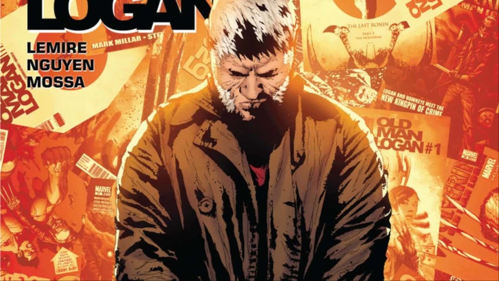 OLd Man Logan standing with his head down in front of Old Man Logans comics
