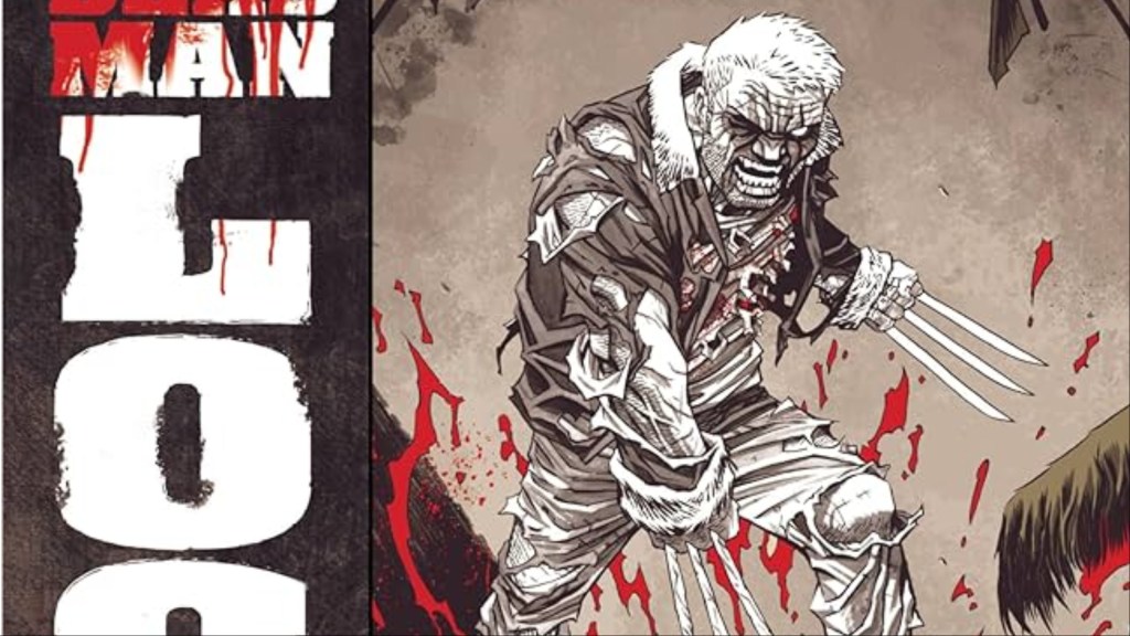 A beaten up Logan next to the logo for Dead Man Logan