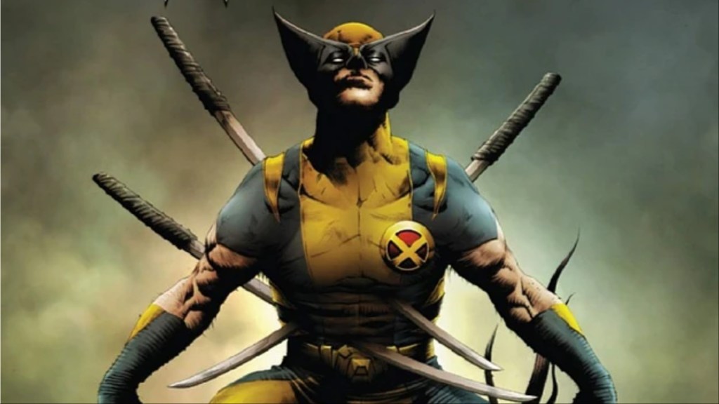 Wolverine with swords sticking out of him, crouching