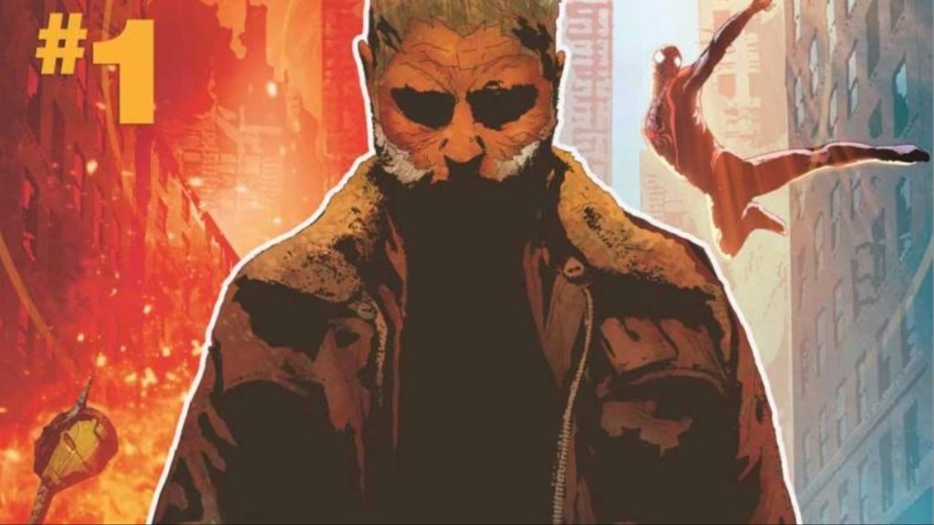 Old Man Logan standing with his head lowered, on one side of the Wastelands with Iron Man's head on a spike, and the other side set in the present day, with Miles Morales swinging through the air