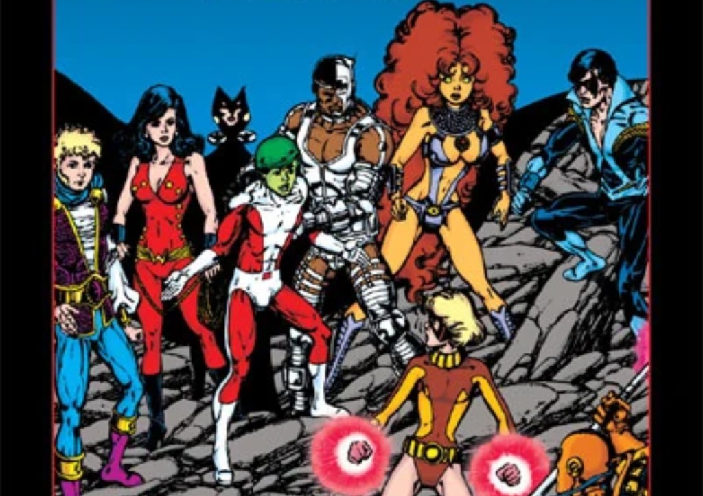 Terra stuck in between the New Teen Titans — Jericho, Wonder Girl, Raven, Beast Boy, Cyborg, Starfire, and Nightwing with Deathstroke on the other side