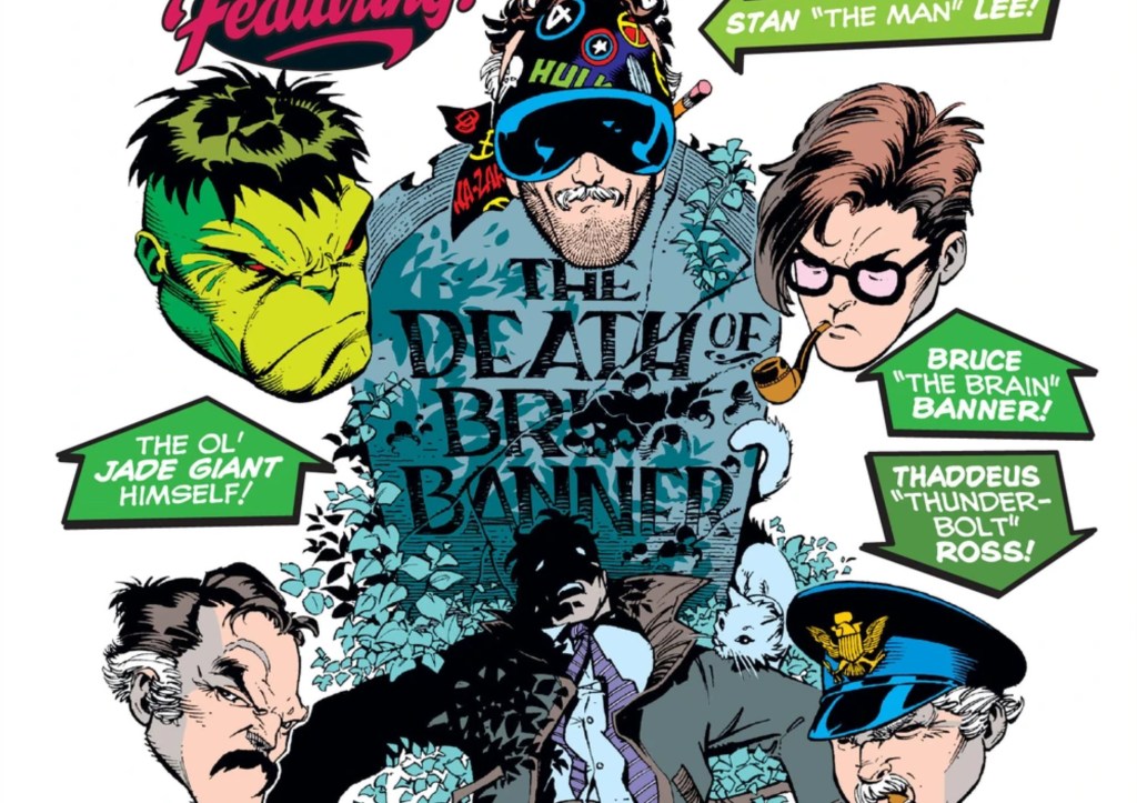 The grave of Brian Banner, surrounded by the heads of the Hulk, Stan Lee, Bruce Banner, Thunderbolt Ross, and Brian Banner