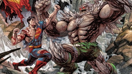 A beaten Superman battling Doomsday surrounded by the wreckage of Metropolis