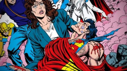 Lois Lane holding the dead Superman, who is wrapped in his cape