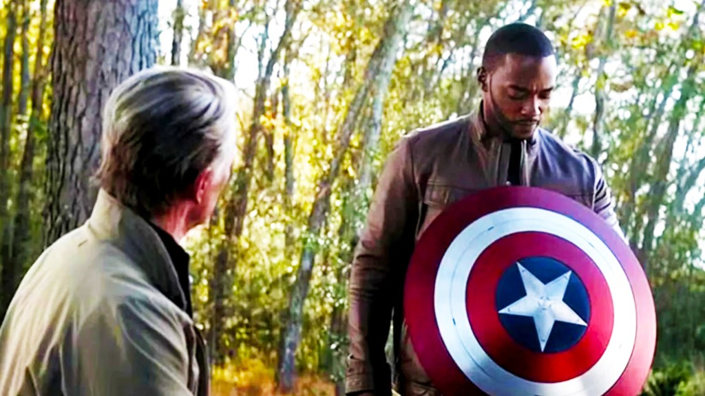 Sam Wilson accepting Captain America's shield from Steve Rogers in Avengers: Endgame