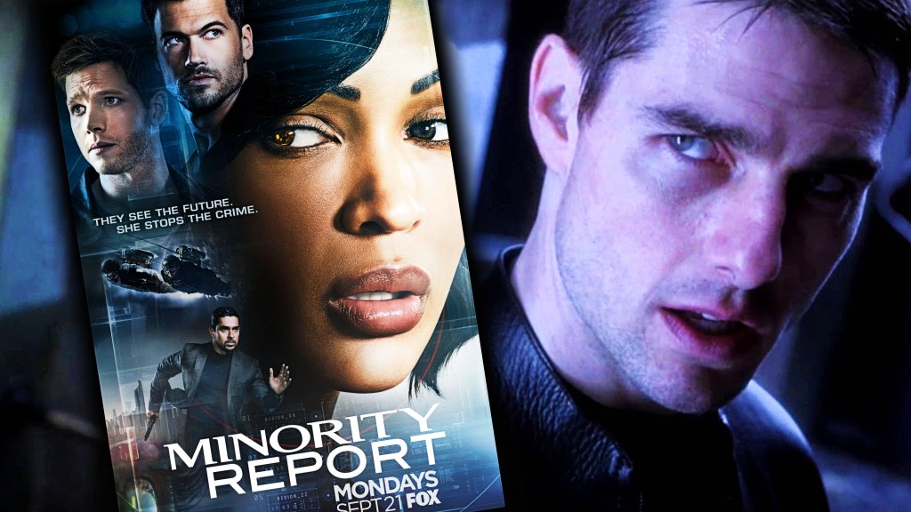 Tom Cruise in Minority Report with the Minority Report TV show poster