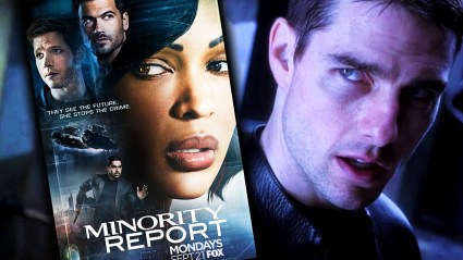 Tom Cruise in Minority Report with the Minority Report TV show poster