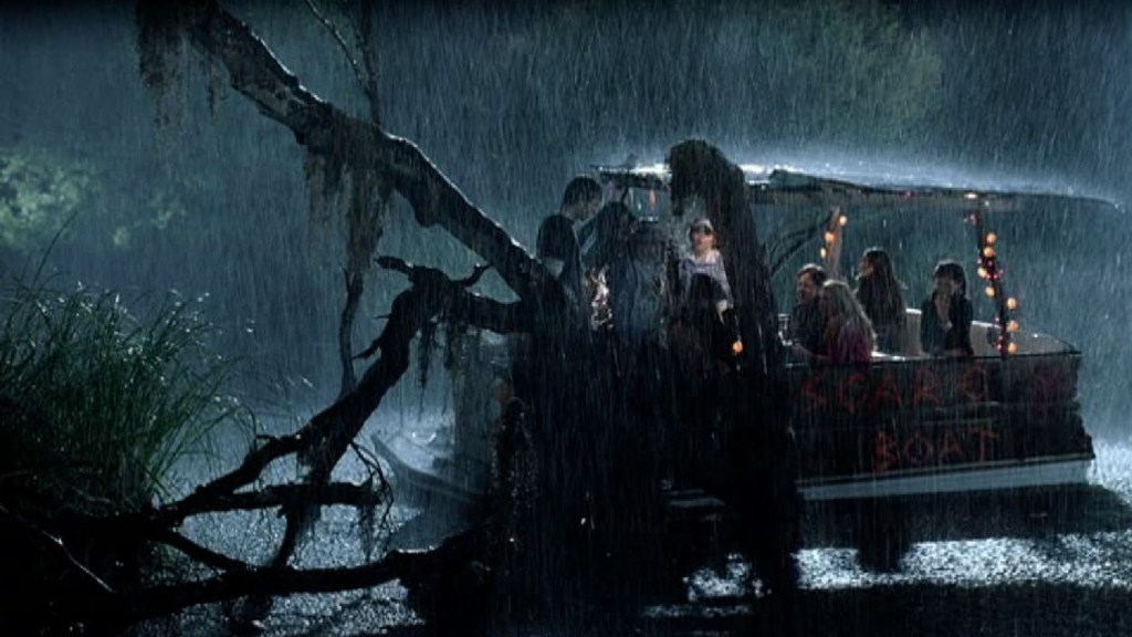 A boat travelling through the swamp in Hatchet (2006)