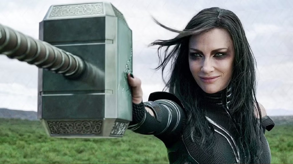 Cate Blanchett as Hela holding Mjolnir in Thor: Ragnarok (2017)
