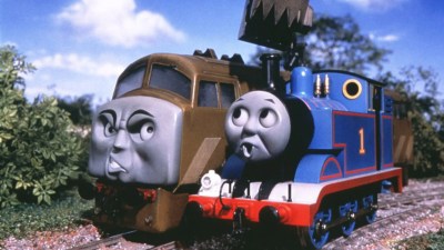 Thomas racing another train and looking stressed in Thomas the Tank Engine