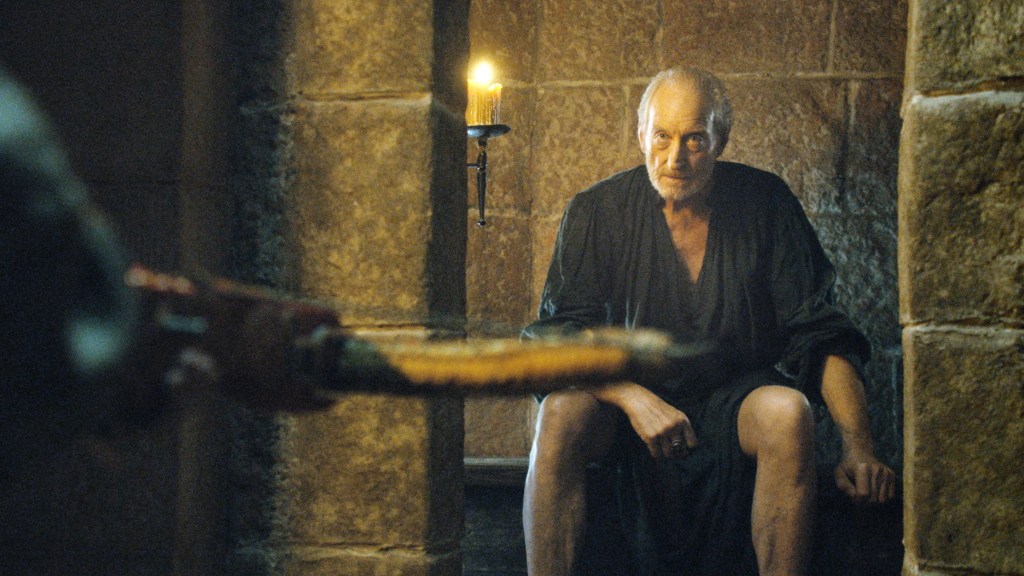 Tywin Lannister about to be shot by Tyrion in Game of Thrones