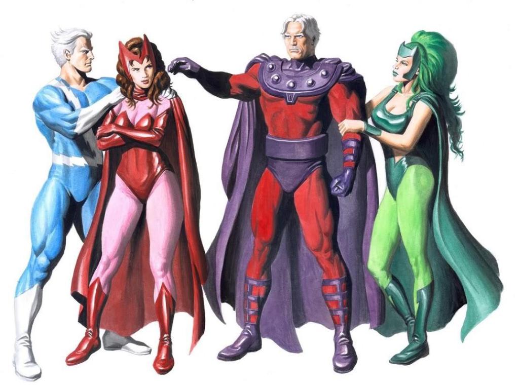 Magneto standing with his children Scarlet Witch, Quicksilver, and Polaris