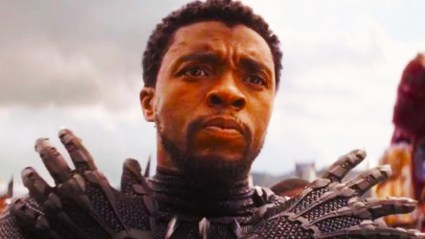 Chadwick Boseman's Black Panther doing the Wakanda Forever salute in Avengers Infinity War