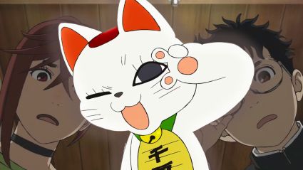 Turbo Granny in cat form with Okarun and Momo in back.