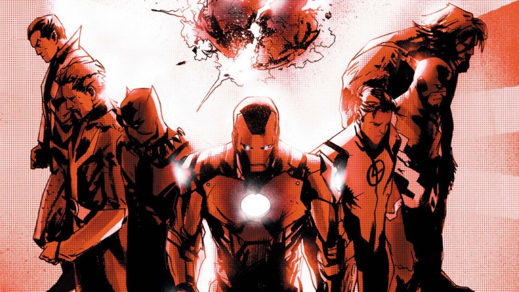Iron Man standing with the rest of the Illuminati - Namor, Doctor Strange, Black Panther, Mister Fantastic, Black Bolt, and the Beast - as a world explodes behind them