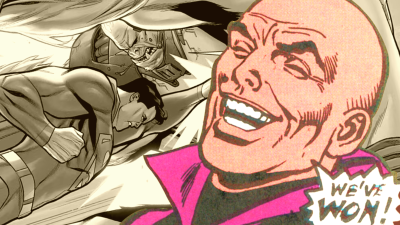 Lex Luthor laughing with the Anti-Humanite and Superman battling in the background