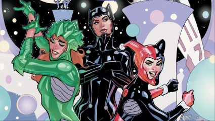 Poison Ivy, Catwoman, and Harley Quinn in space suits dancing at a rave