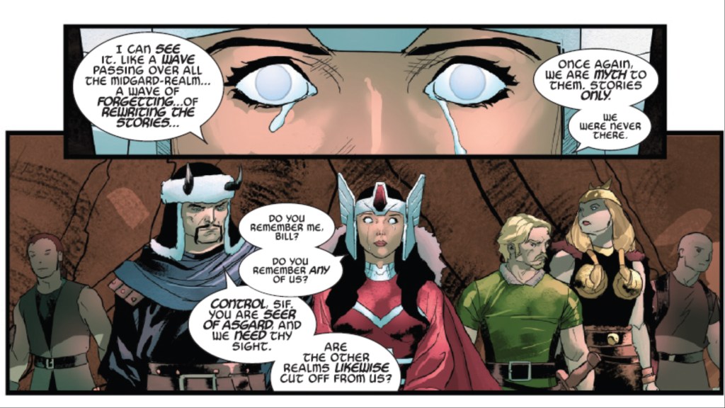 Sif watches as the rest of the Marvel Universe forgets about the people of Asgard.