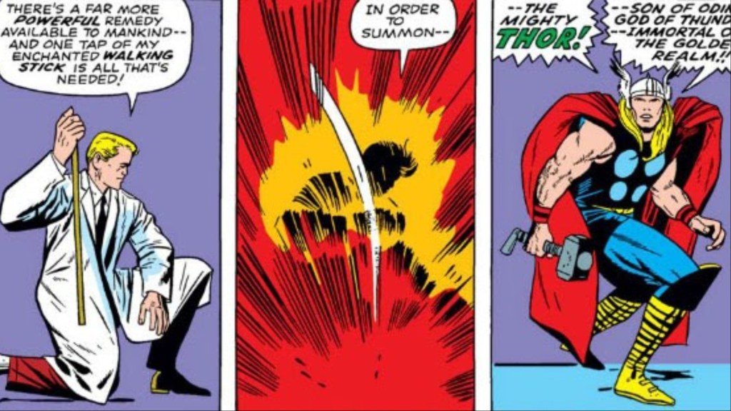 Donald Blake slamming his walking stick into the ground and becoming Thor