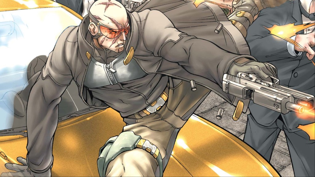 Agent X firing a gun while jumping across a taxi cab