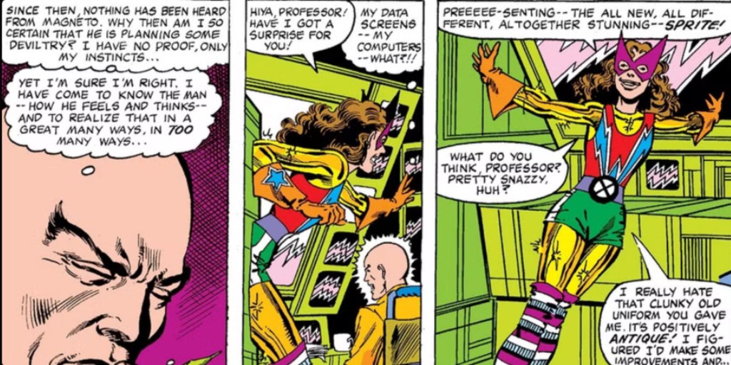 Kitty Pryde presenting her new costume design to Xavier