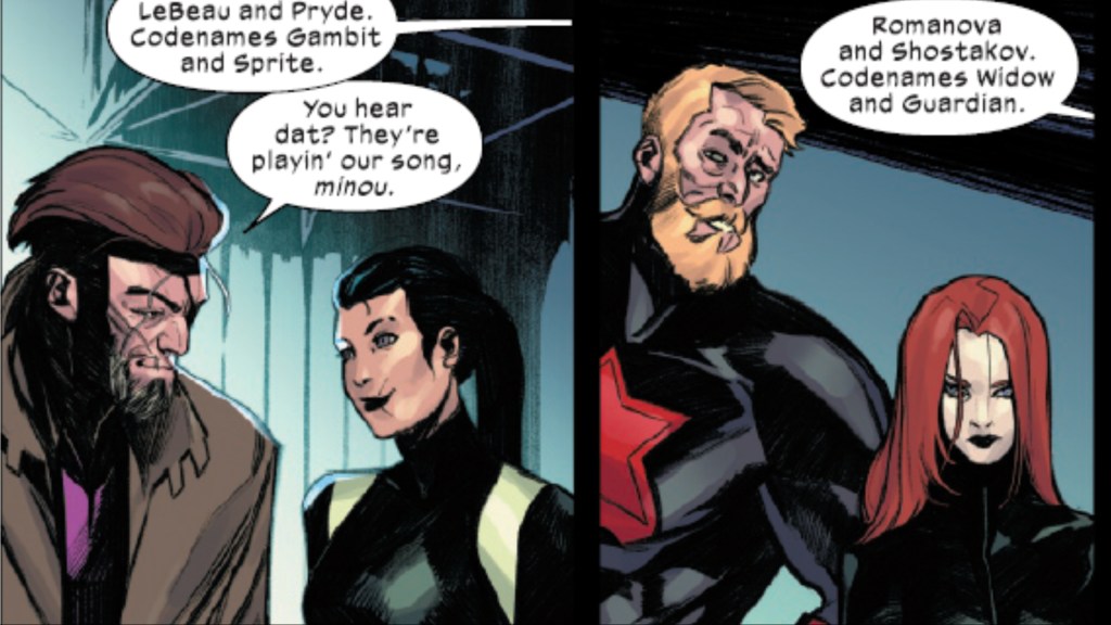 Kitty Pryde and Gambt smiling at each other and Red Guardian and Black Widow