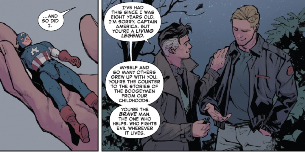 Captain America and Reed Richards talking about Richards's Cap fandom, showing him an old Cap action figure