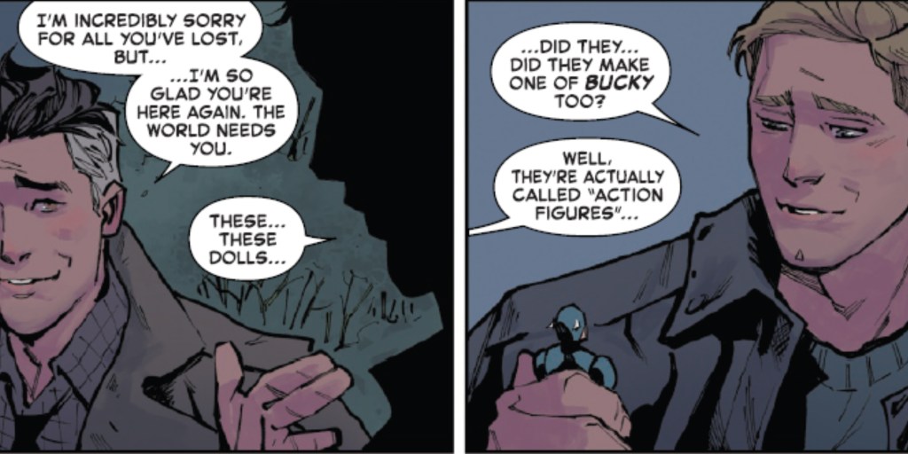 Reed Richards and Captain America talking about action figures