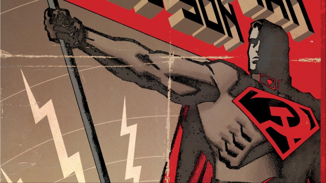 The Soviet Superman holding up a flag