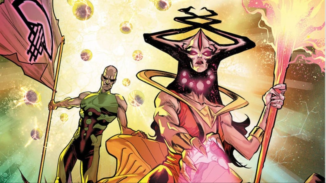 Perpetua sitting on her throne with Apex Lex behind her
