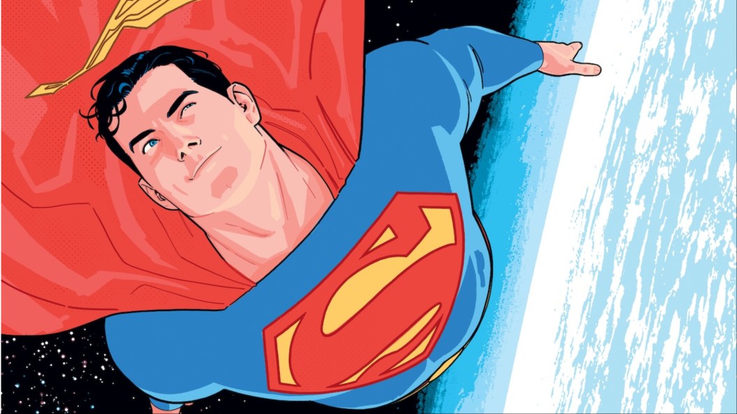 Superman flying away from the Earth with a happy look on his face
