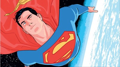 Superman flying away from the Earth with a happy look on his face