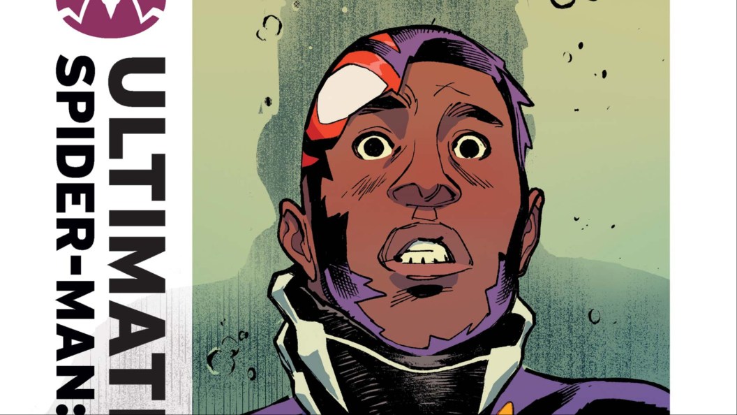 Mile Morales with a ripped mask, pushed up against the wall by his throat