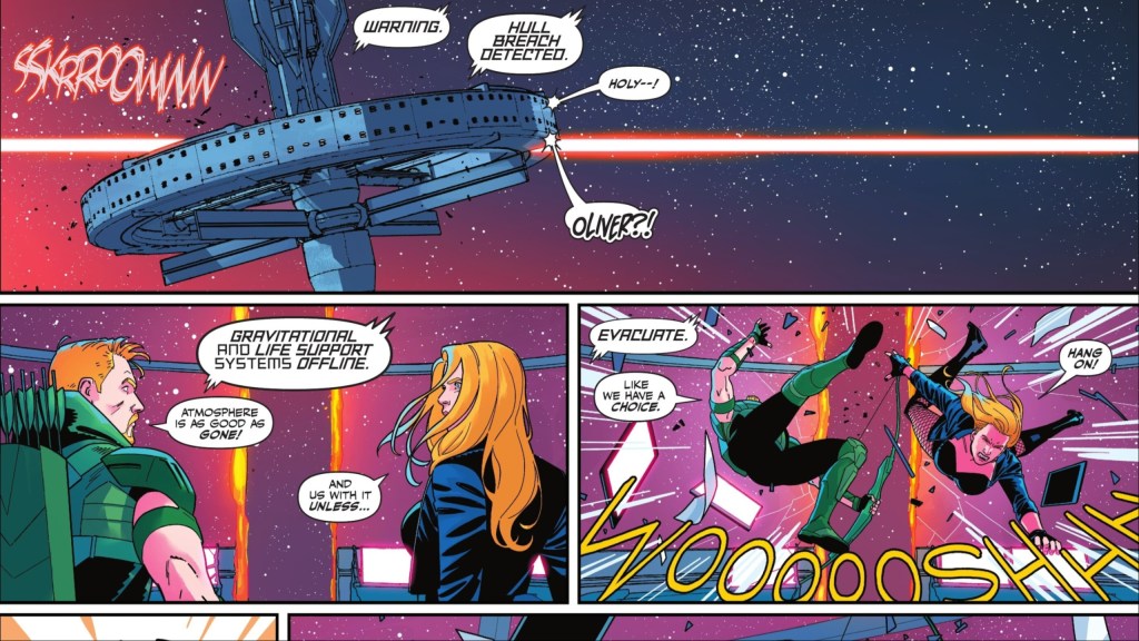 The Justice League Watchtower getting hit by an energy blast as Green Arrow and Black Canary try to deal with it