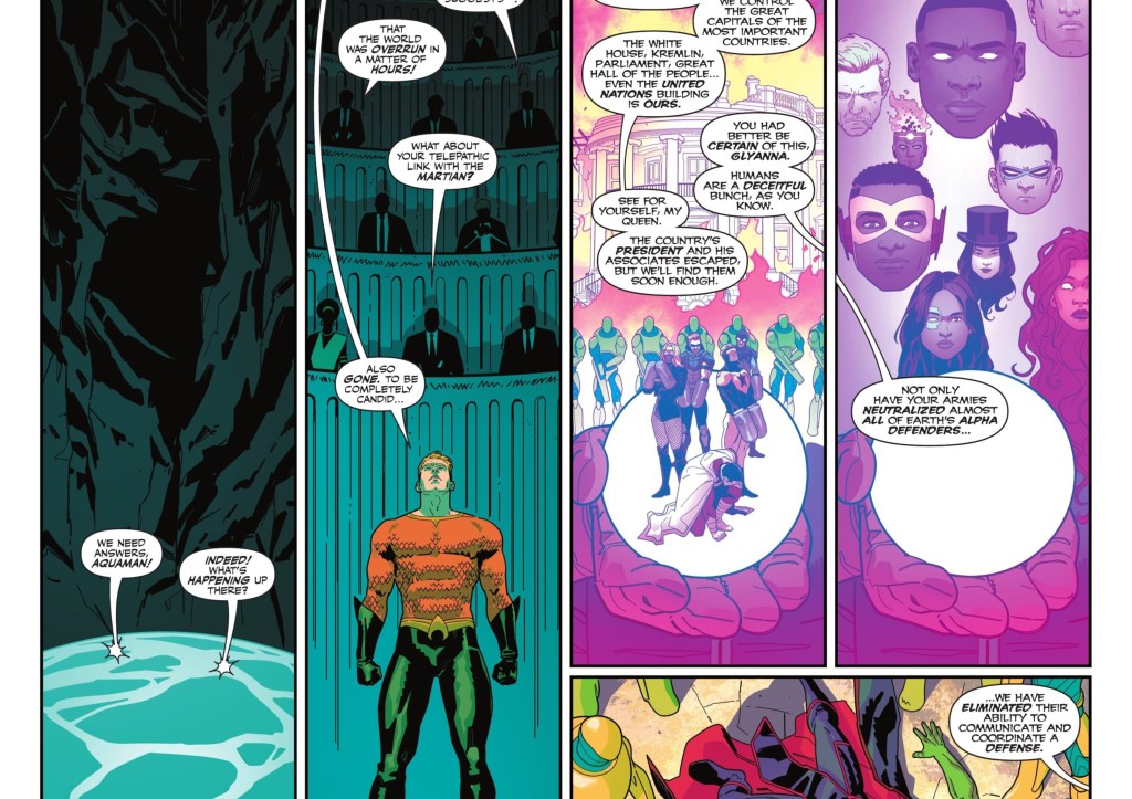 Aquaman speaking to the world leaders while the alien invaders talk about their spoils