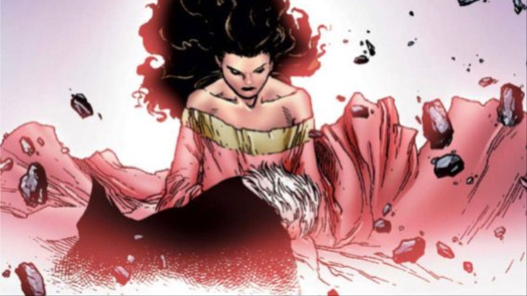 Scarlet Witch holding Magneto as she transform the world