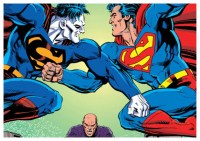 Superman fighting Bizarro, with Lex Luthor looking on