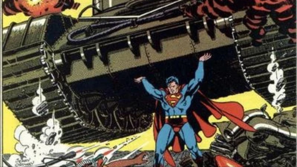 Superman holding up a take on a battlefield
