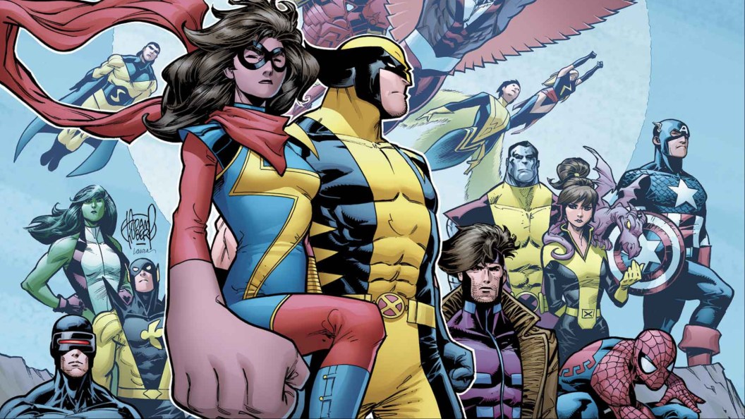 Ms Marvel standing next to Wolverine in front of the combined forces of the X-Men and the Avengers