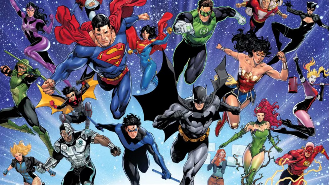 The heroes of the Justice League running into battle