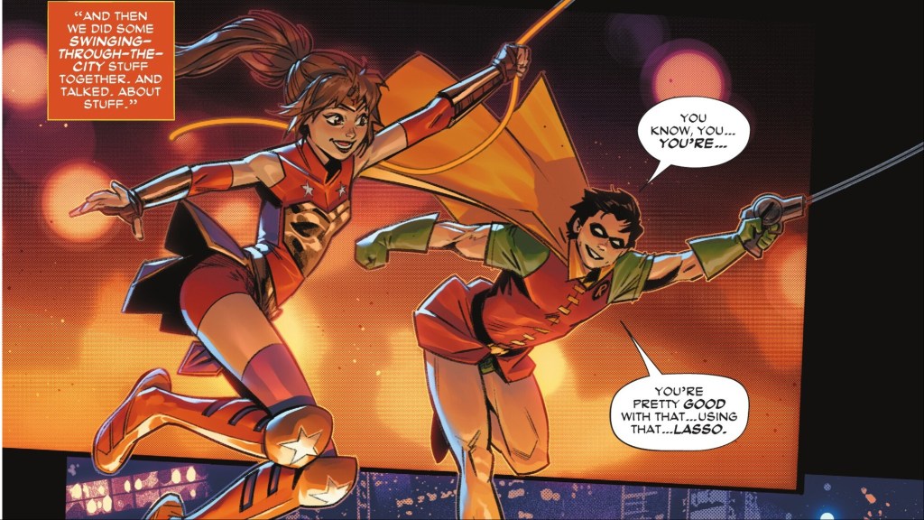 Wonder Girl and Jason Todd swinging through Gotham City
