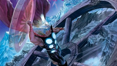 Thor swinging his hammer over a giant wooden wheel in the water