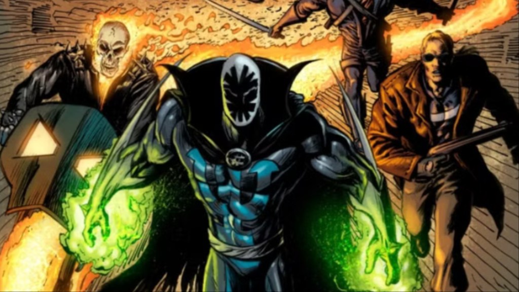 Masked Doctor Strange with Ghost Rider and Johnny Blaze behind him
