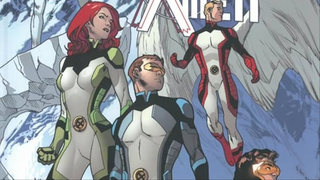 Teen Jean Grey, Cyclops, Angel, and the Beast in their modern costumes