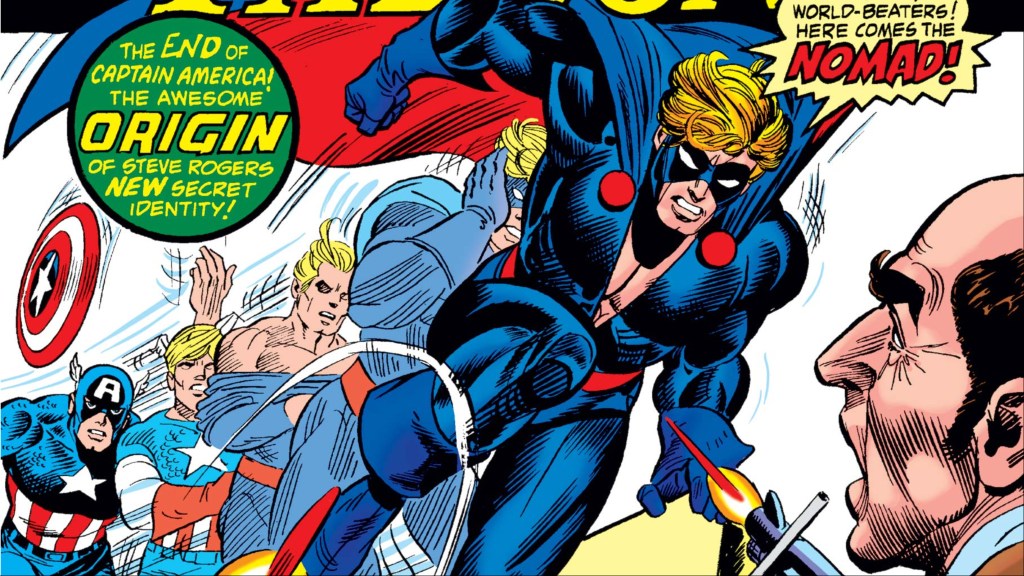 Captain America transforming into Nomad while he gets shot at